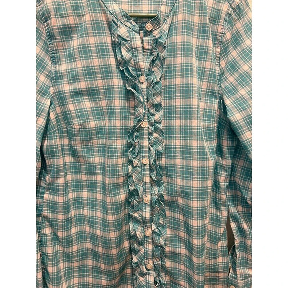 Old Navy‎ Teal White Plaid Ruffle Button Up Round Neck Long Sleeve Blouse Medium - Picture 4 of 8